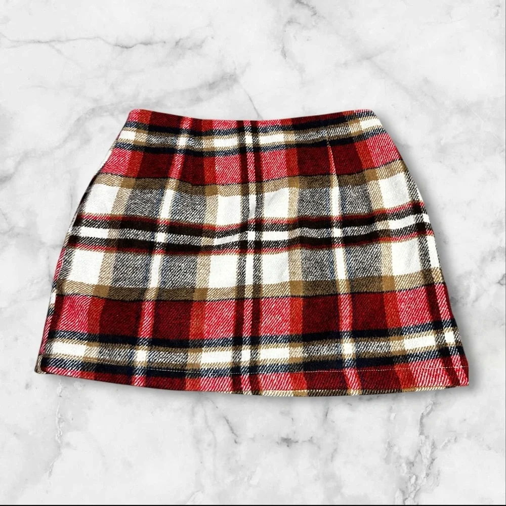 Tan Red Black Plaid Mini Skirt Medium